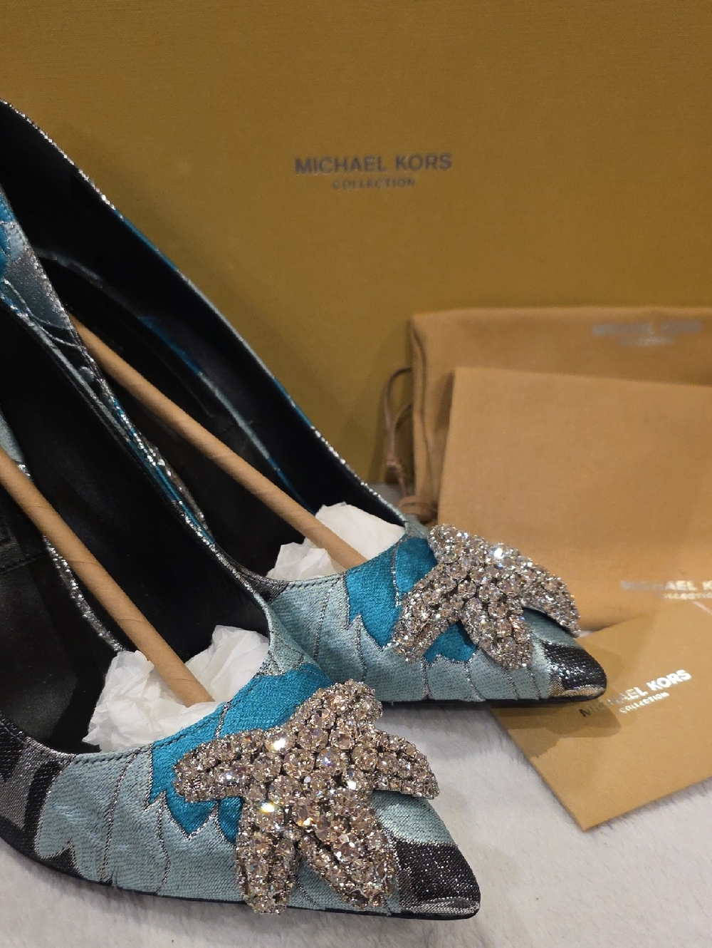 Michael Kors Teal and Silver Crystal-Embellished Pointed Pumps - Picture 10 of 14